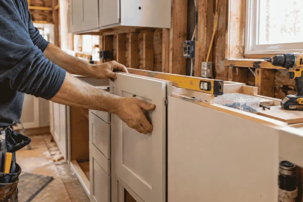 Kitchen remodel construction phase with cabinet installation