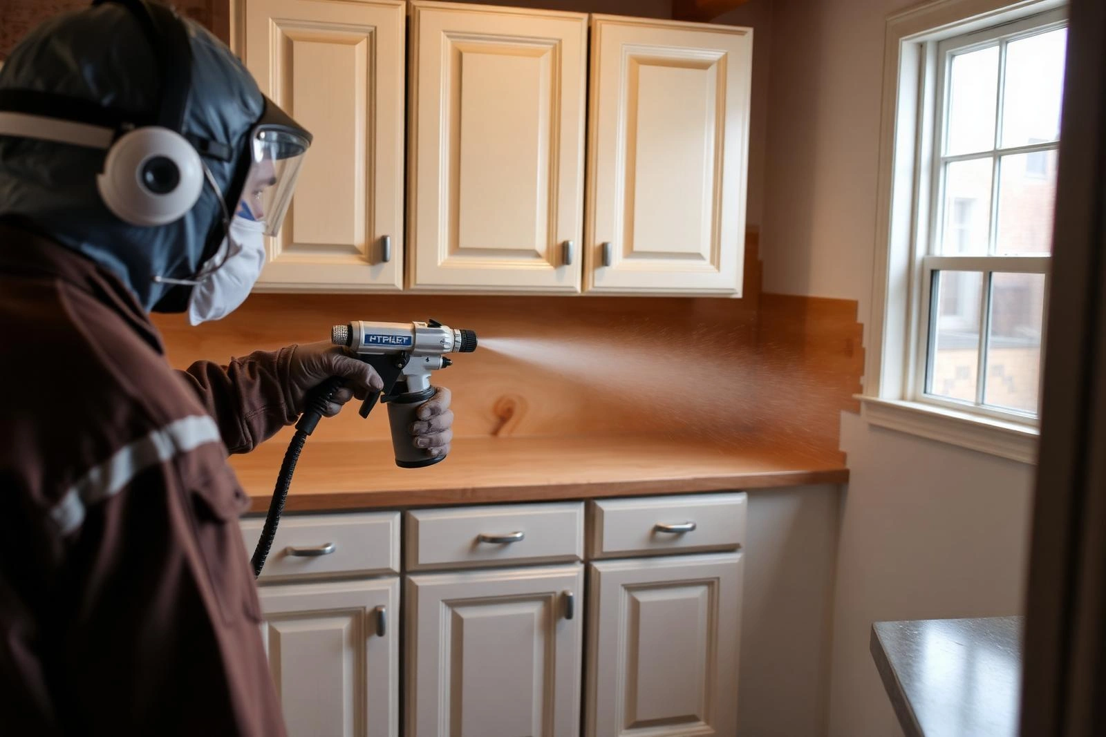 Skilled painter applying a smooth coat to cabinet surfaces
